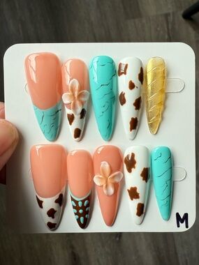Peach & Turquoise Floral Cow Print Press-On Nails